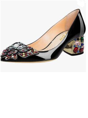 YDN Black Pointed Toe Bow Pump Colorful Rhinestone Block Low Heel Butterfly Shoe